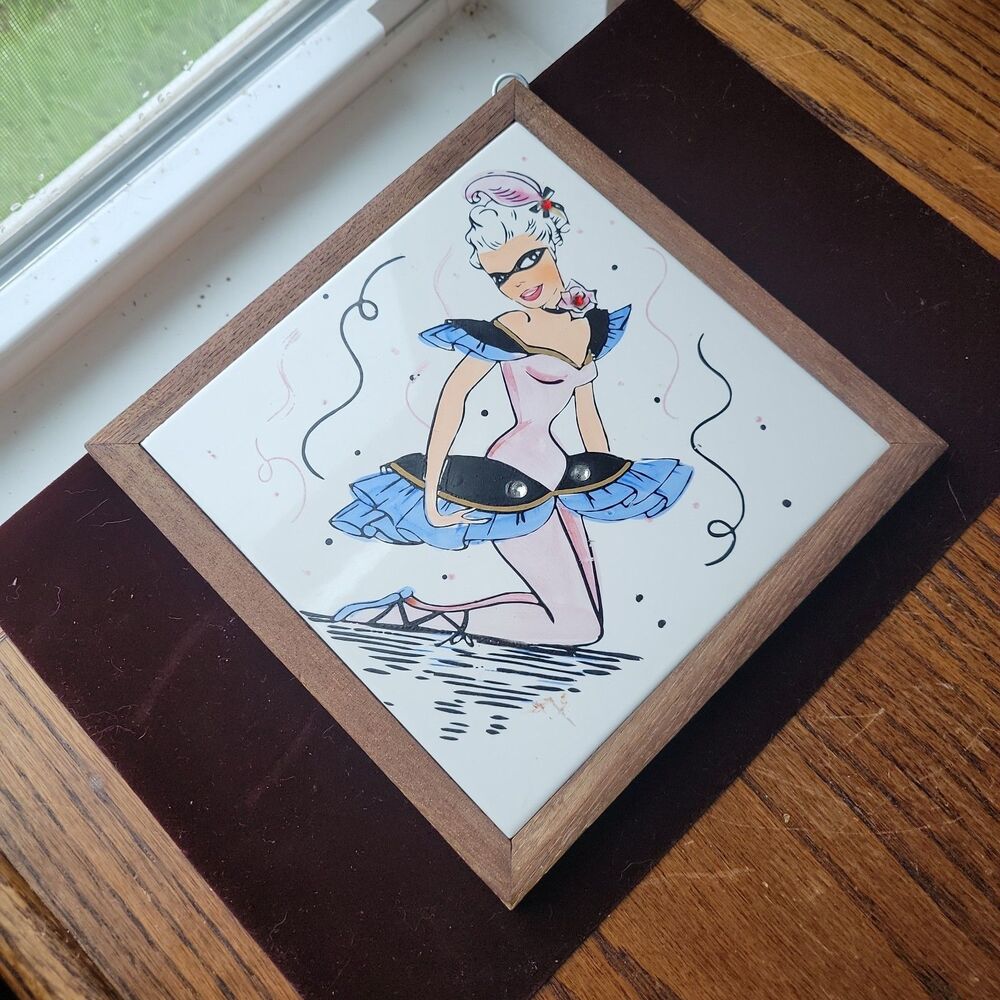 Vtg Ceramic Tile 1950's Kreiss & Co Japan Ballerina with Rhinestones 7x7 hanger